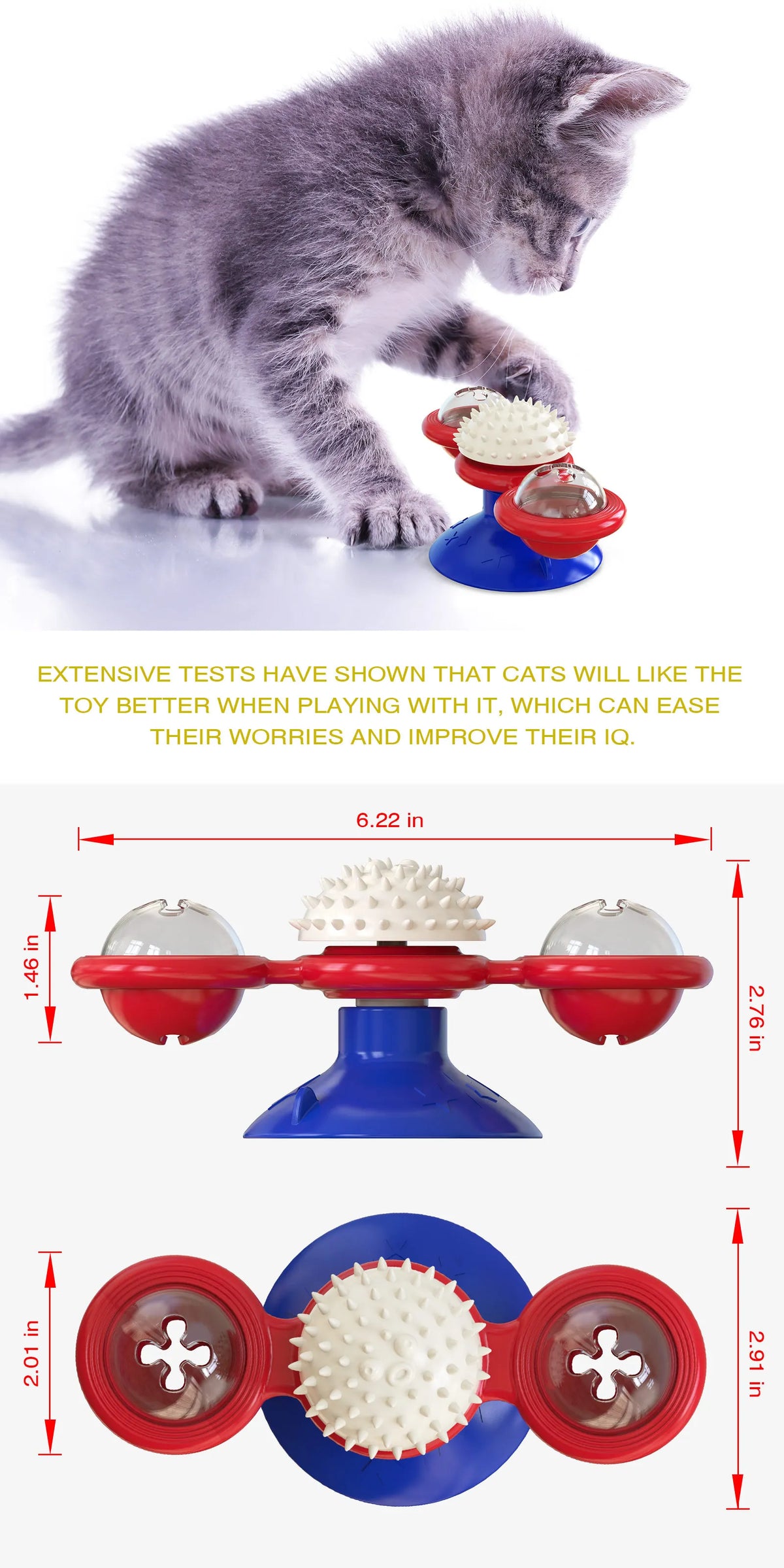 Jouet de chat en forme de moulin interactif rouge et bleu avec une balle blanche, à côté d'un chaton.