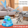 A blue interactive rotating feather cat toy tower with multiple levels and a cat playing with it.