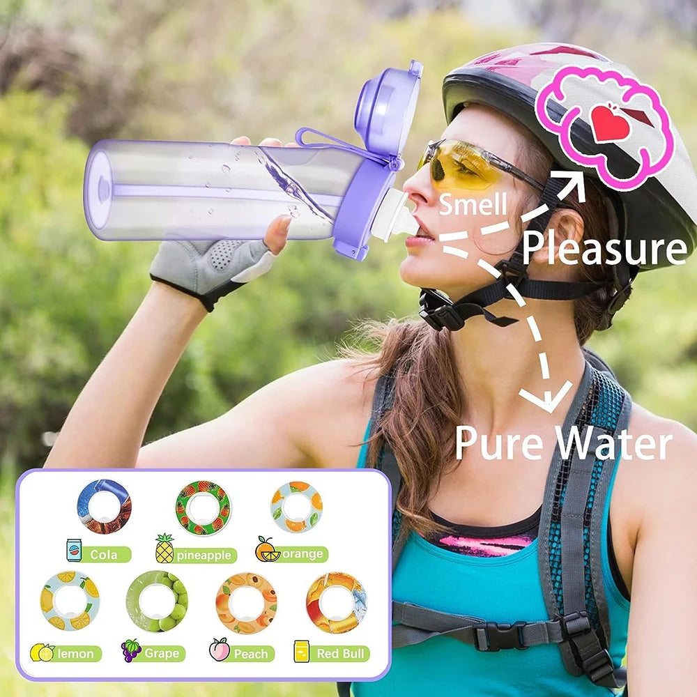 A woman smells a flavored water bottle using a specialized device, demonstrating the scent and pleasure of pure water.
