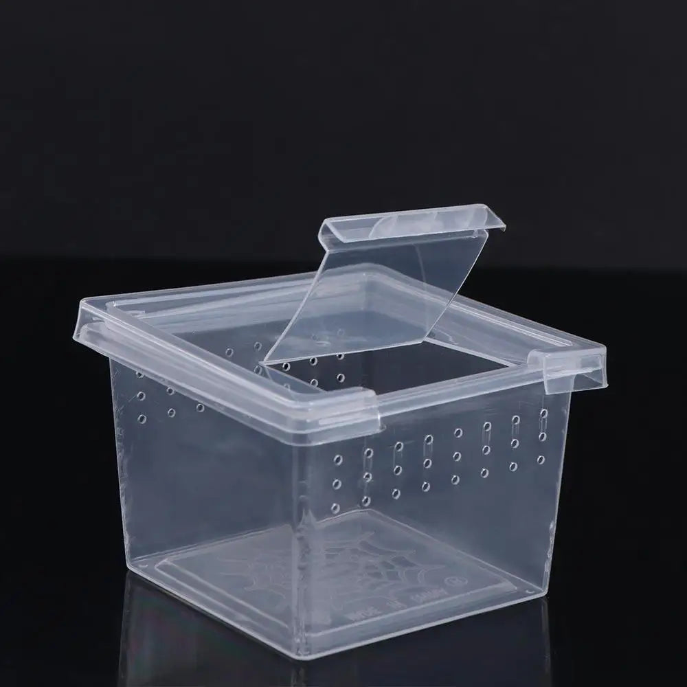 A clear plastic reptile habitat box with a vented lid and bottom, shown against a dark background.