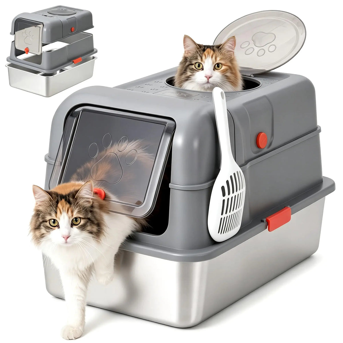 A stainless steel enclosed litter box for cats with a tabby kitten looking out of the box.