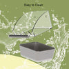 A clear plastic pet feeding dispenser is shown above a stainless steel bowl, emphasizing its easy to clean design.