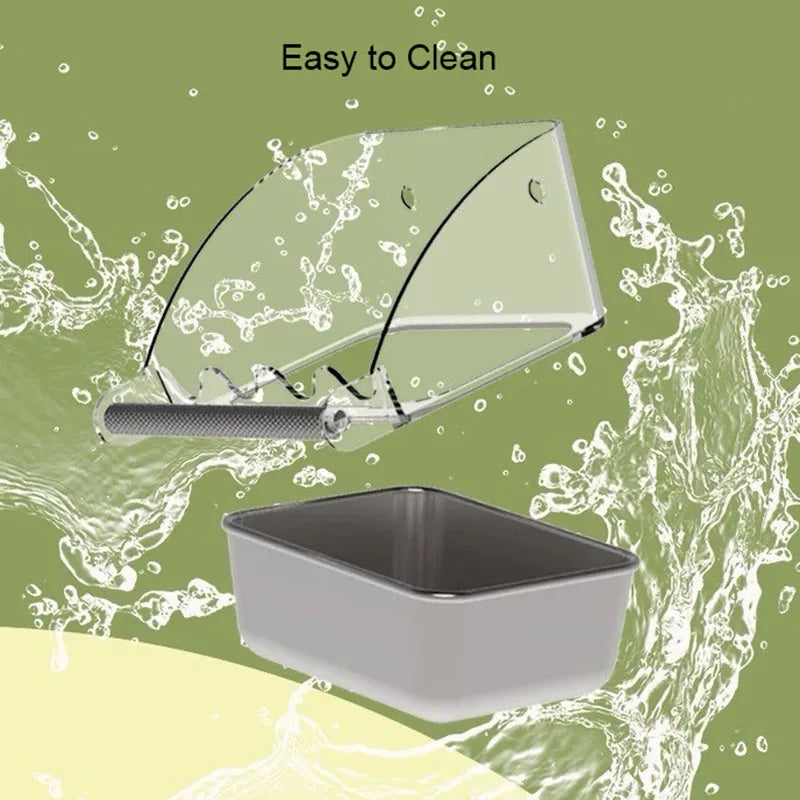 A clear plastic pet feeding dispenser is shown above a stainless steel bowl, emphasizing its easy to clean design.