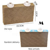 Jouet à mâcher pour perroquet rectangulaire marron avec texture tissée, montré à côté de ses dimensions.