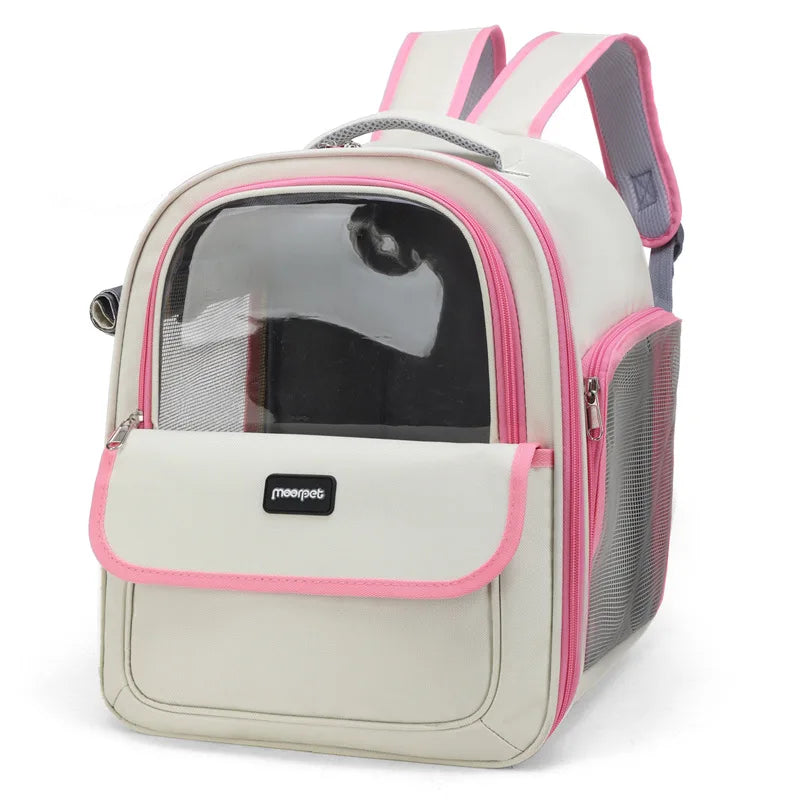 Beige und pinkes atmungsaktives Hundetransport-Rucksack mit klarem Fenster.