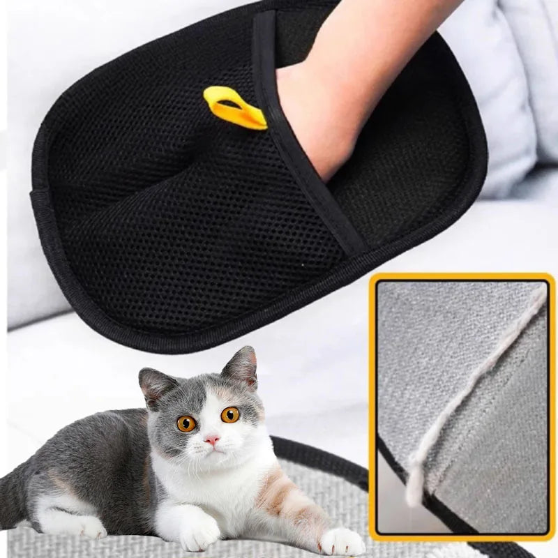 A cat is shown next to a black pet hair removal grooming glove with a yellow tip.