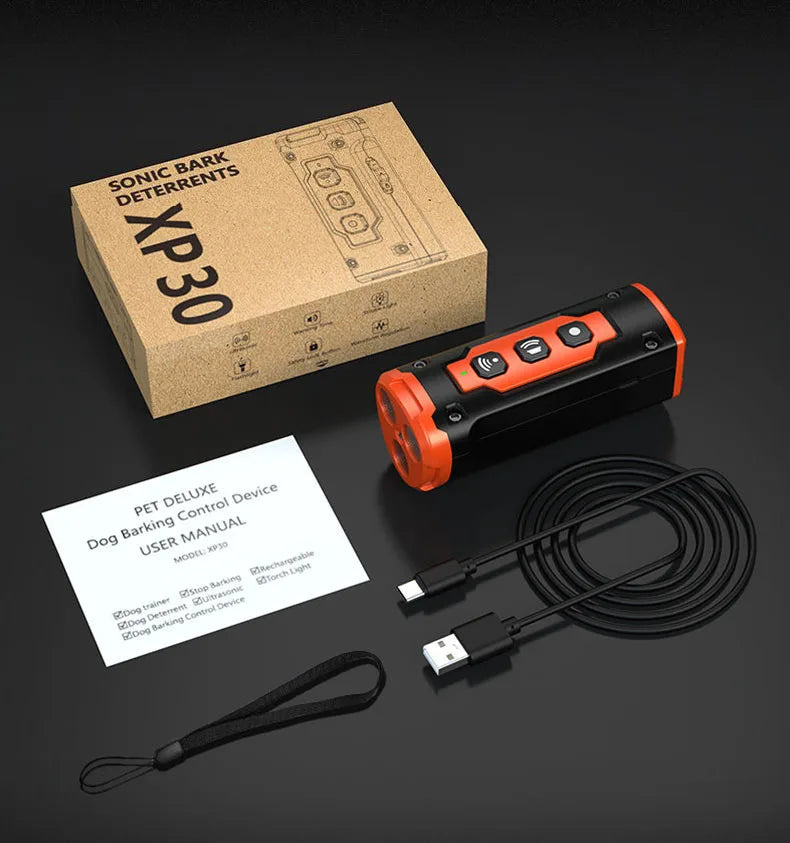 Caja y dispositivo para disuasorio ultrasónico de ladridos caninos con linterna LED y correa.