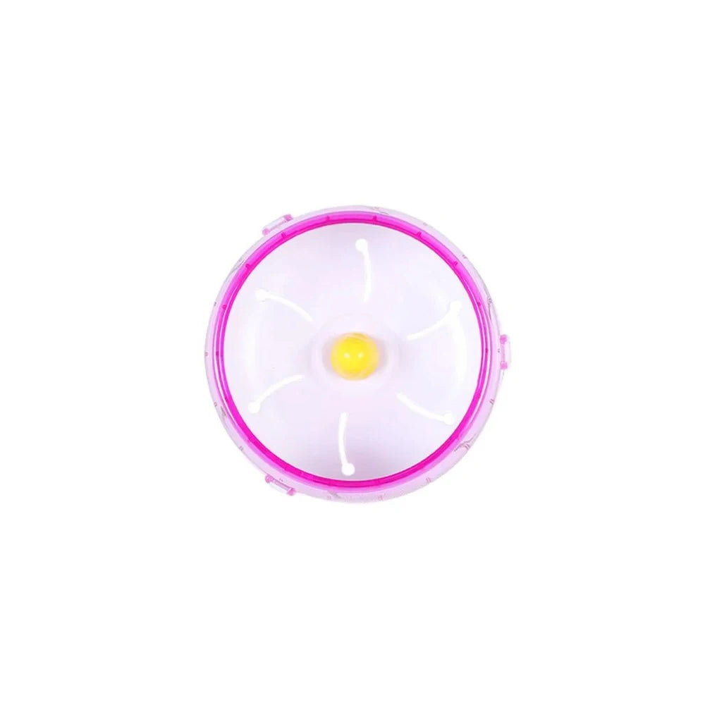 Disque pour hamster en acrylique rose avec un centre jaune.