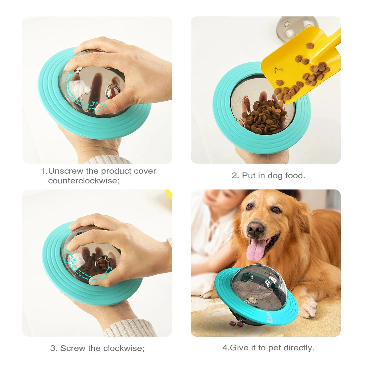 Demostración de cómo usar un disco volador interactivo para dispensar premios y alimentar a un perro.