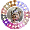 A variety of colorful handmade dog bow knots in shades of pink, purple, and beige are displayed around a central image of a d