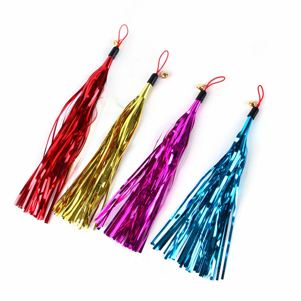 A set of twelve colorful feather cat wand toys with red, gold, magenta, and blue streamers.