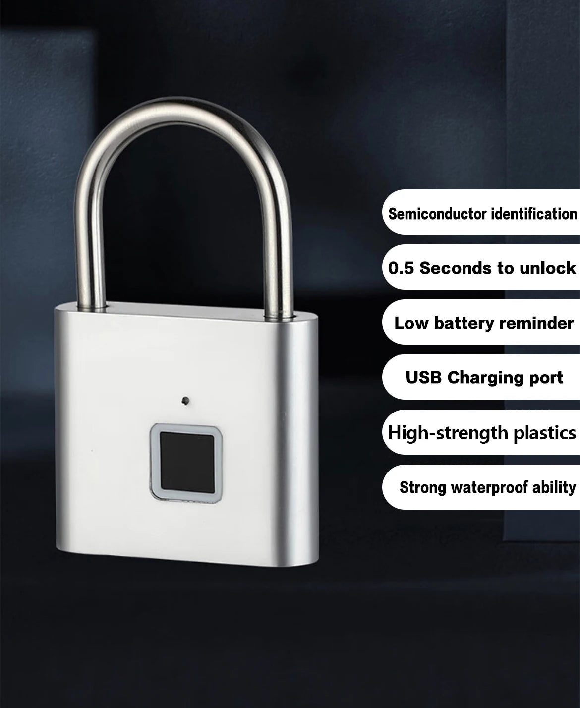 A silver biometric fingerprint padlock with a metal shackle and various features listed on the side.