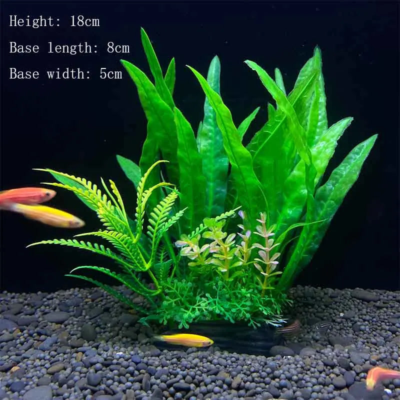 A vibrant green artificial aquatic plant with long leaves is rooted in dark gravel.