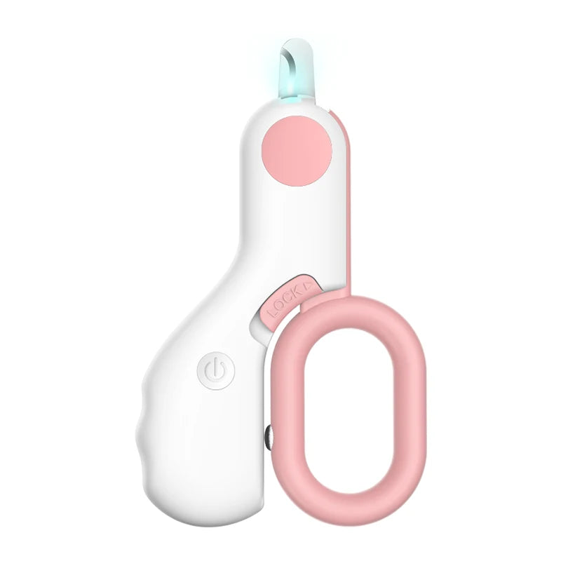 Weiße LED-Nagelnipper für Haustiere mit rosa Sicherheitsverschlussring für Hunde und Katzen.