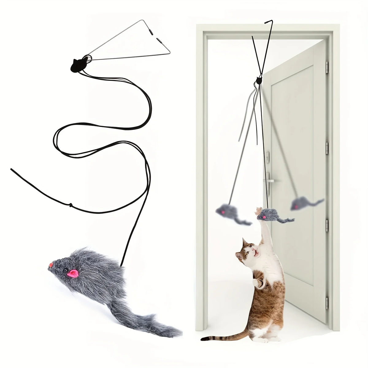 Jouet interactif pour chat, porte à clé noire menant à un petit objet ressemblant à une souris.