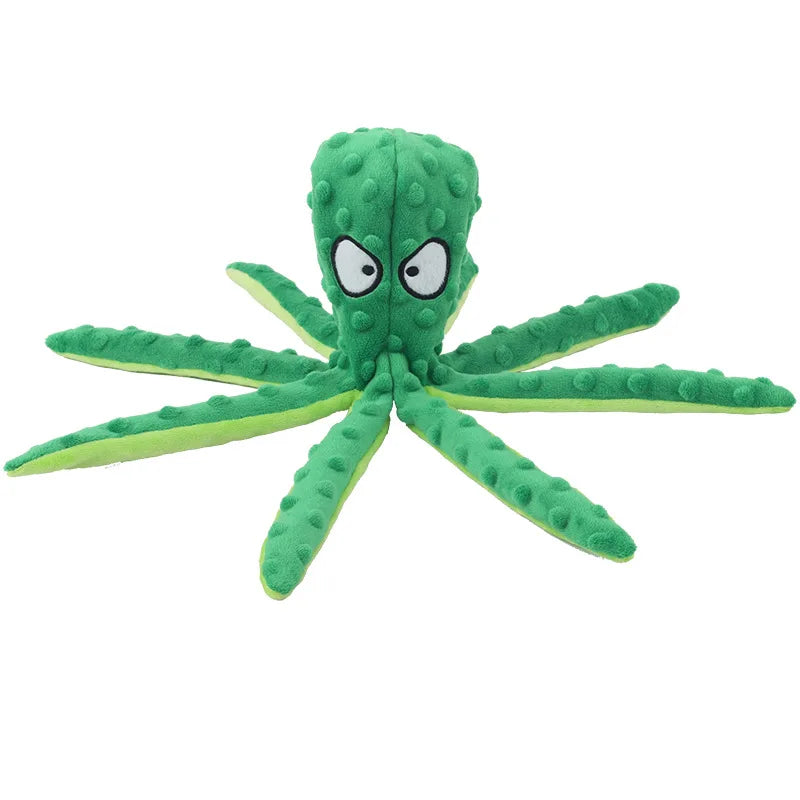 A bright green plush octopus toy with crinkled legs and white eyes.