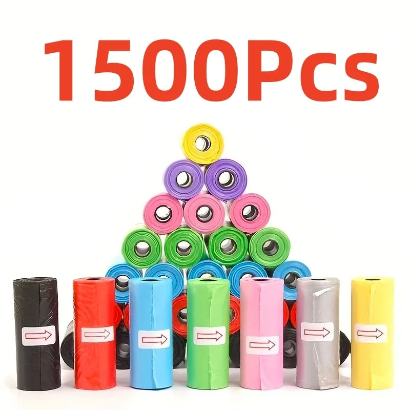 A collection of 1500 biodegradable pet poop bags in various colors and sizes.
