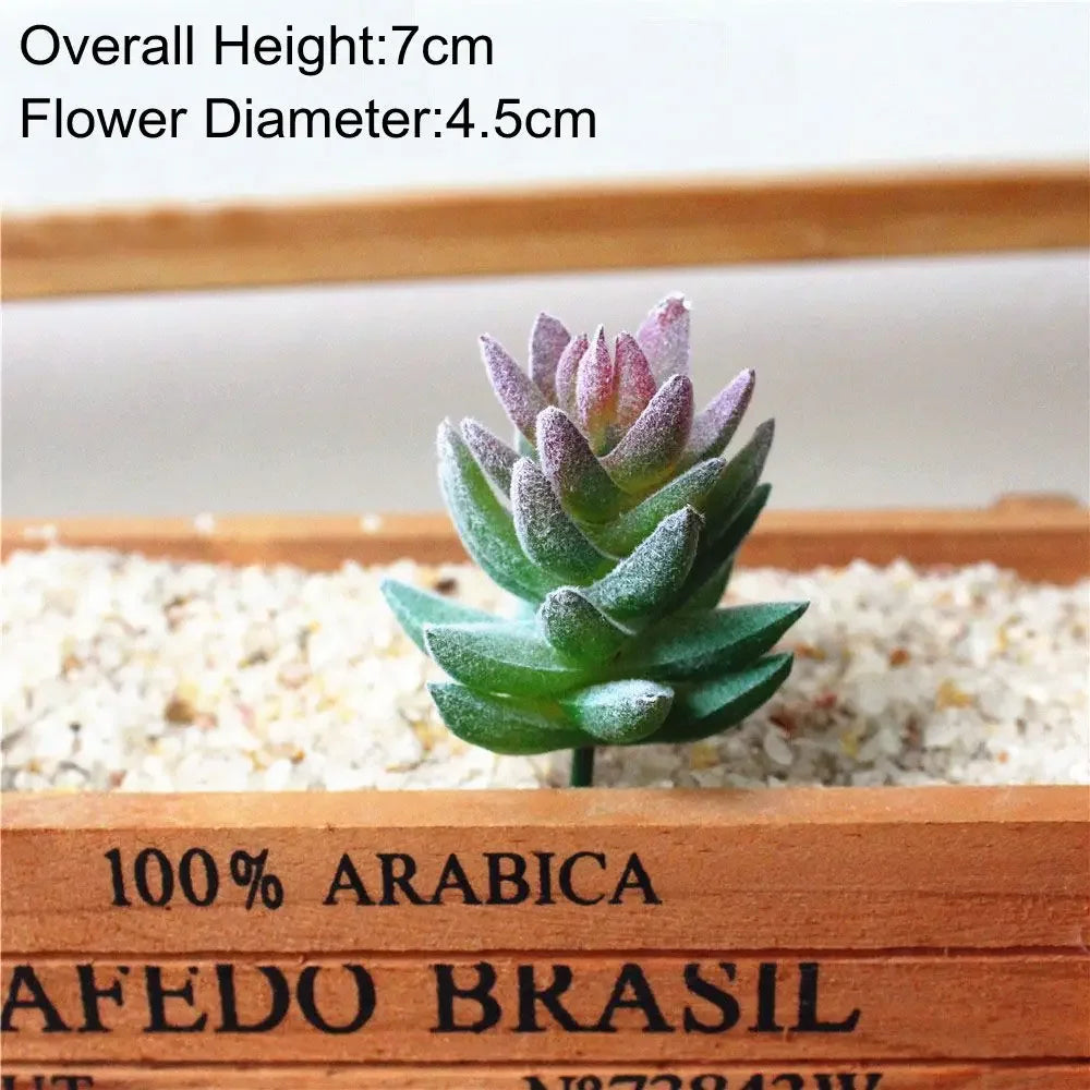 A small, green flocked artificial succulent plant in a wooden tray with text indicating Arabica from Brazil.