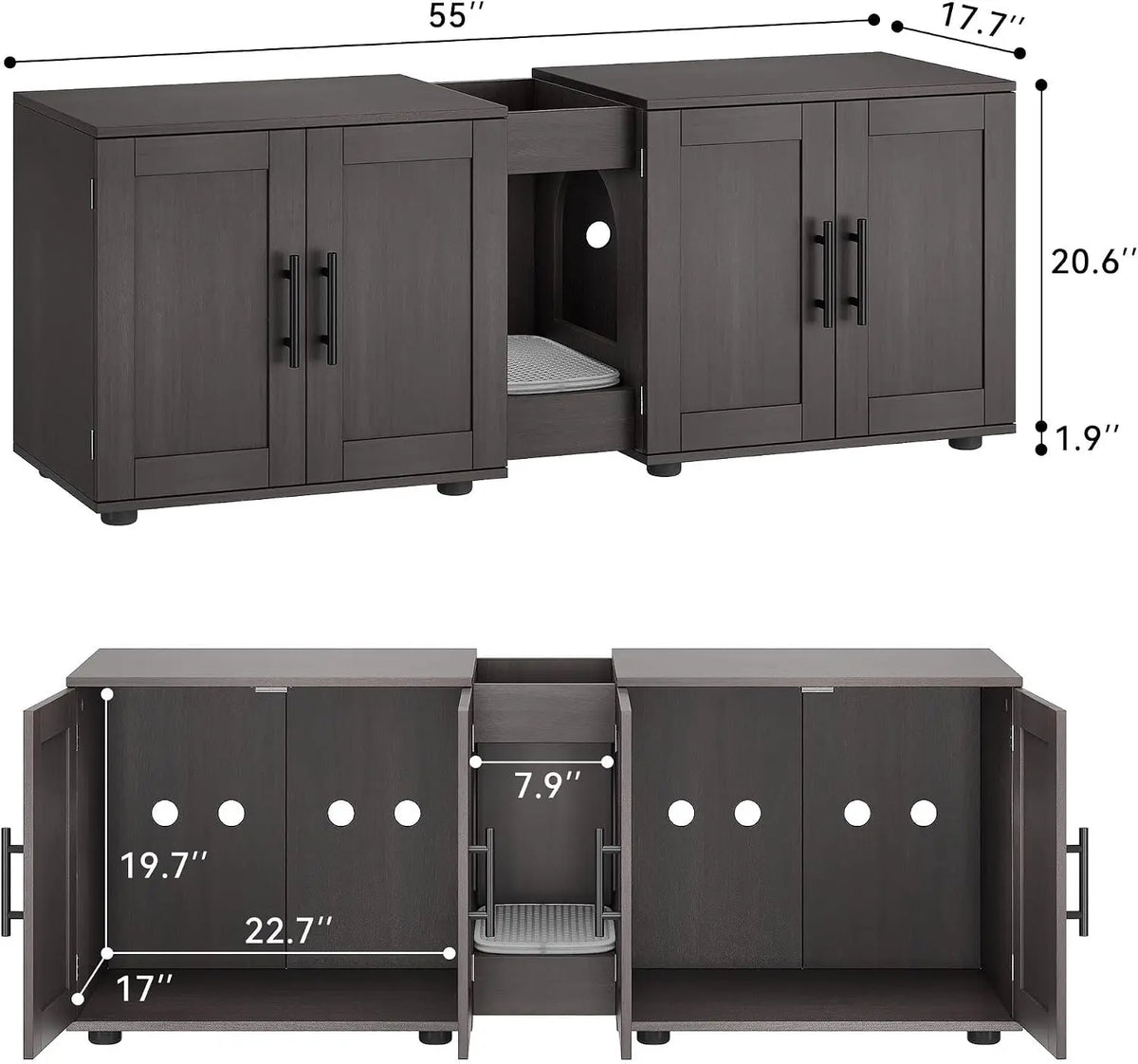 A dark gray wooden litter box enclosure and storage cabinet with multiple compartments and doors.