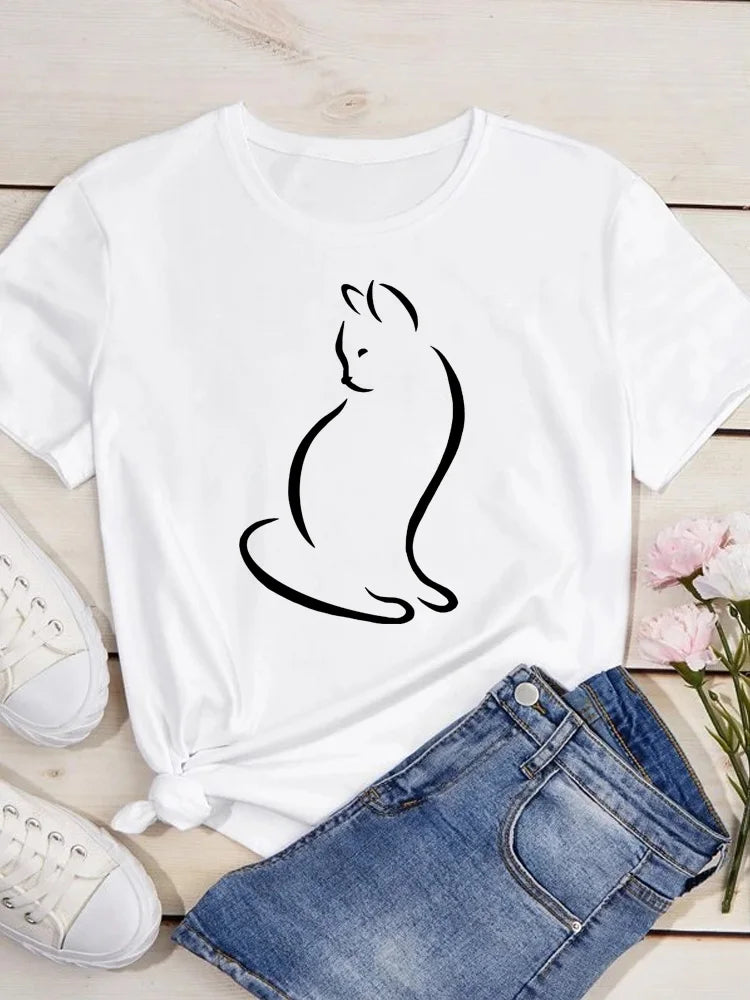 Women Kawaii Cats Print Summer Cartoon T Shirt