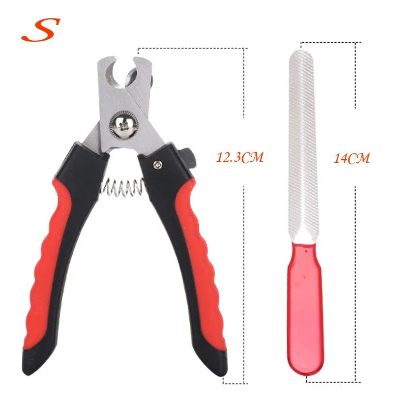 Stainless steel pet nail clippers with black handles and red accents shown next to a measurement scale.