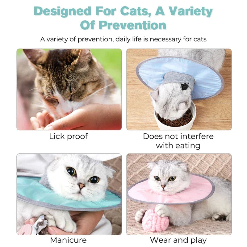 A variety of prevention tools for cats including lick proof, non-interfering eating, manicure, and wear and play collars