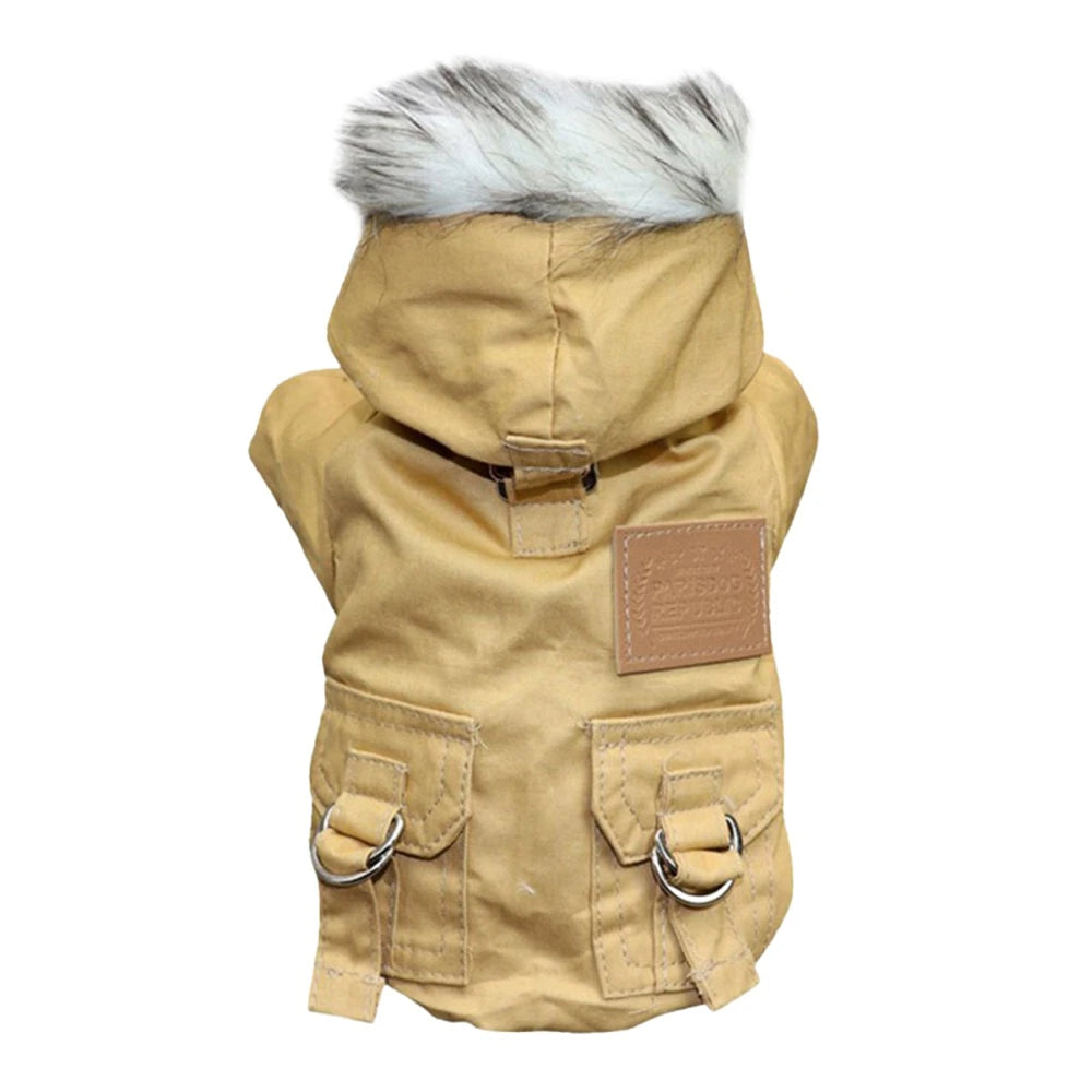 A tan hooded winter jacket for a small dog with a gray fur trim and leather patches.