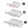 Three sizes of universal pet litter boxes labeled S, M, and L showing dimensions in centimeters and inches.