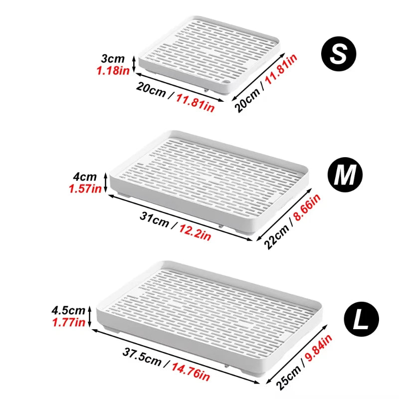 Three sizes of universal pet litter boxes labeled S, M, and L showing dimensions in centimeters and inches.