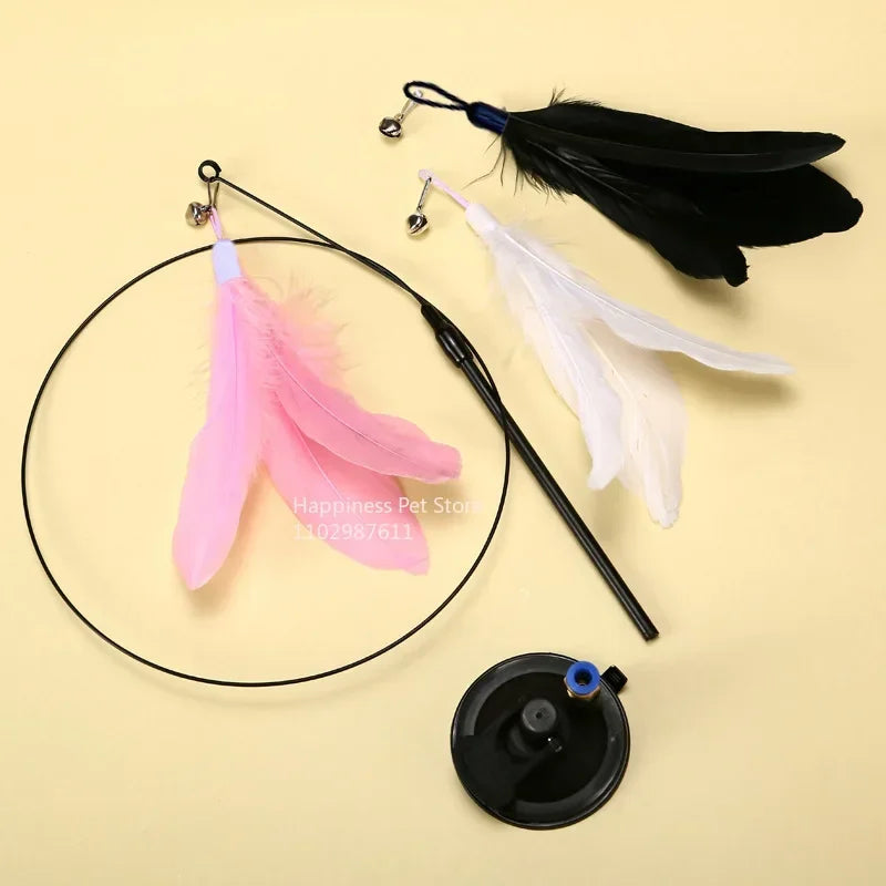 Suction Cup Cat Teaser Wand with Feather Toy and Bell