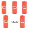Five rolls of orange reusable pet poop bag dispensers with white arrows on the label