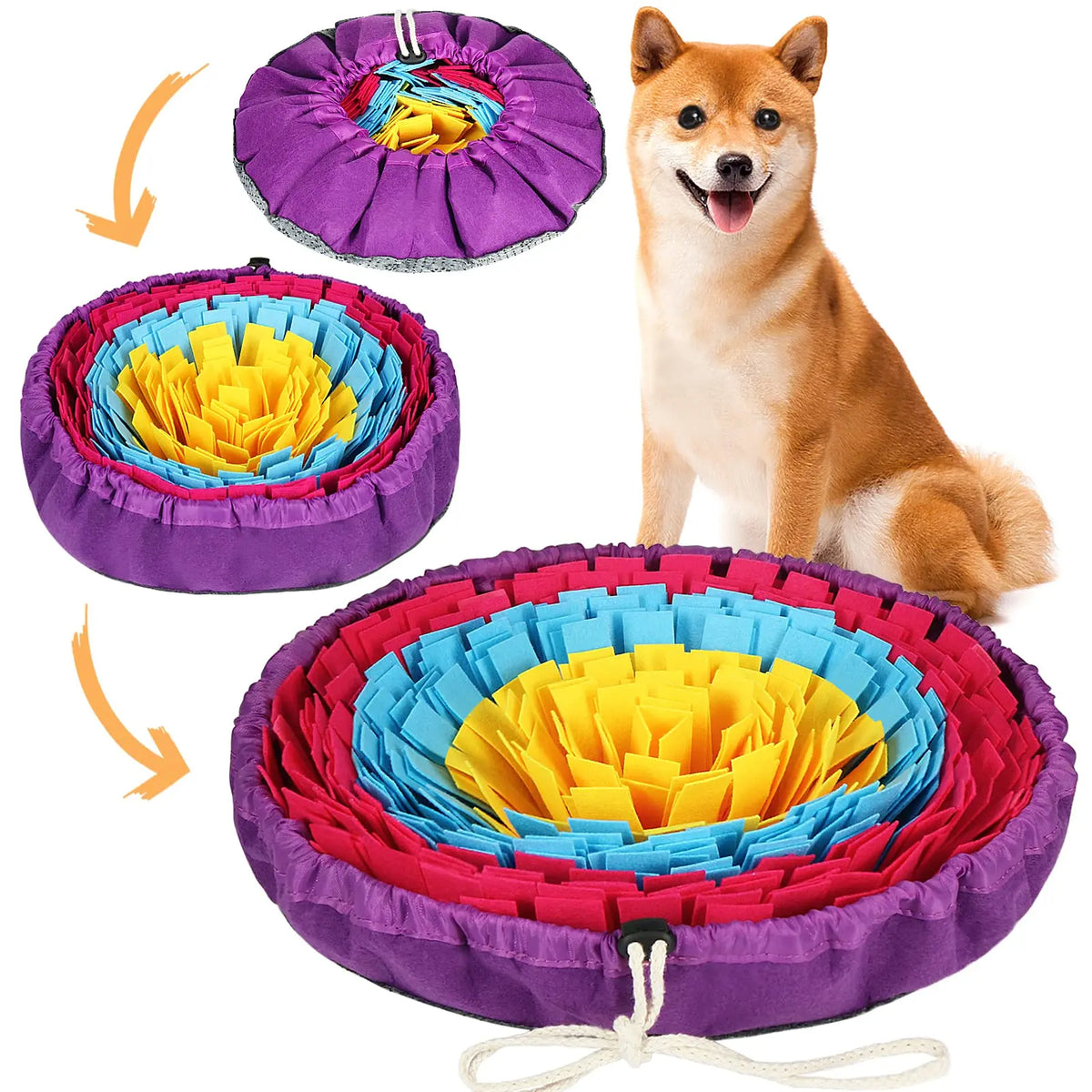 A purple snuffle mat for dogs with colorful fabric layers and a happy dog standing nearby.