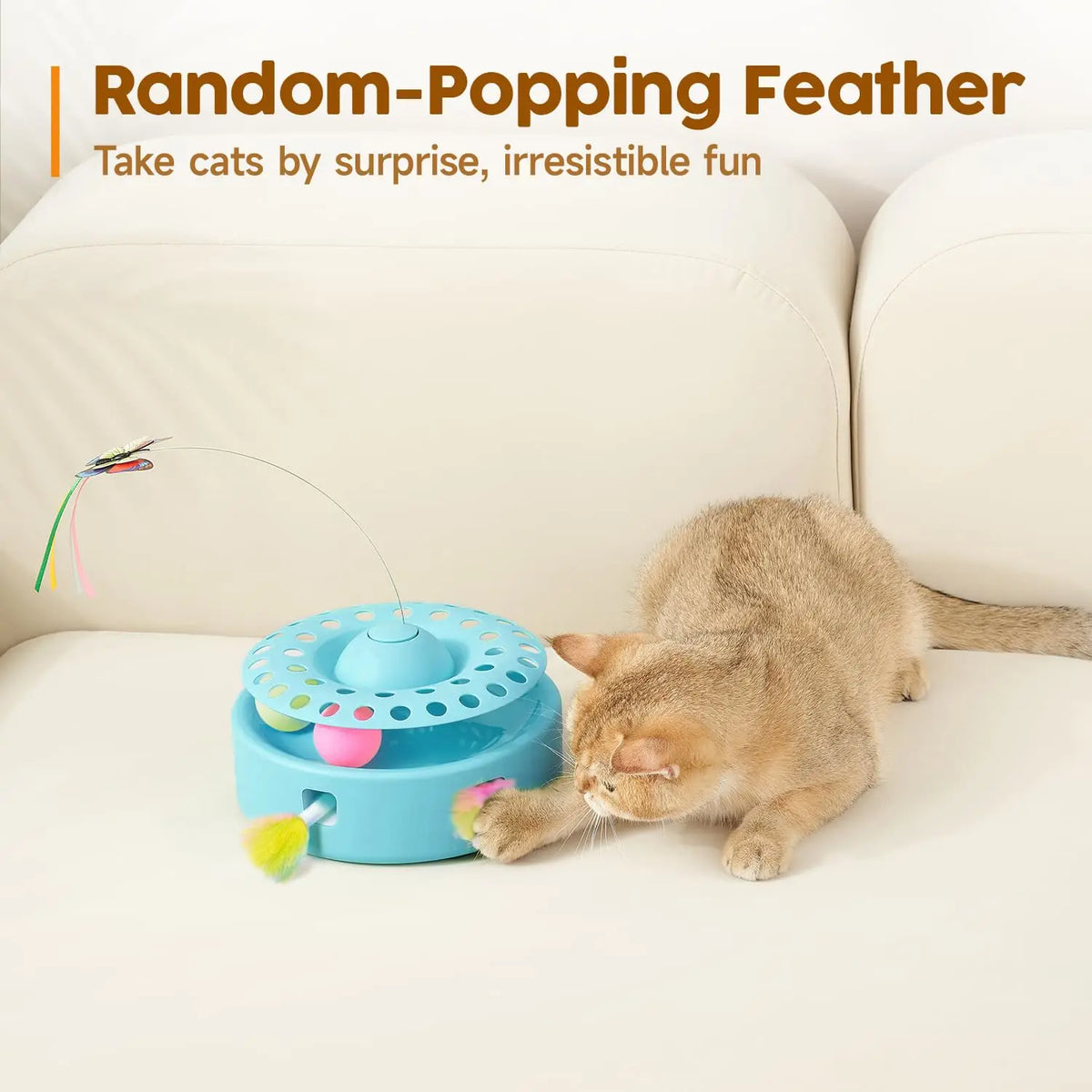 A tabby cat is interacting with a blue feather toy that has a fluttering butterfly and feather.
