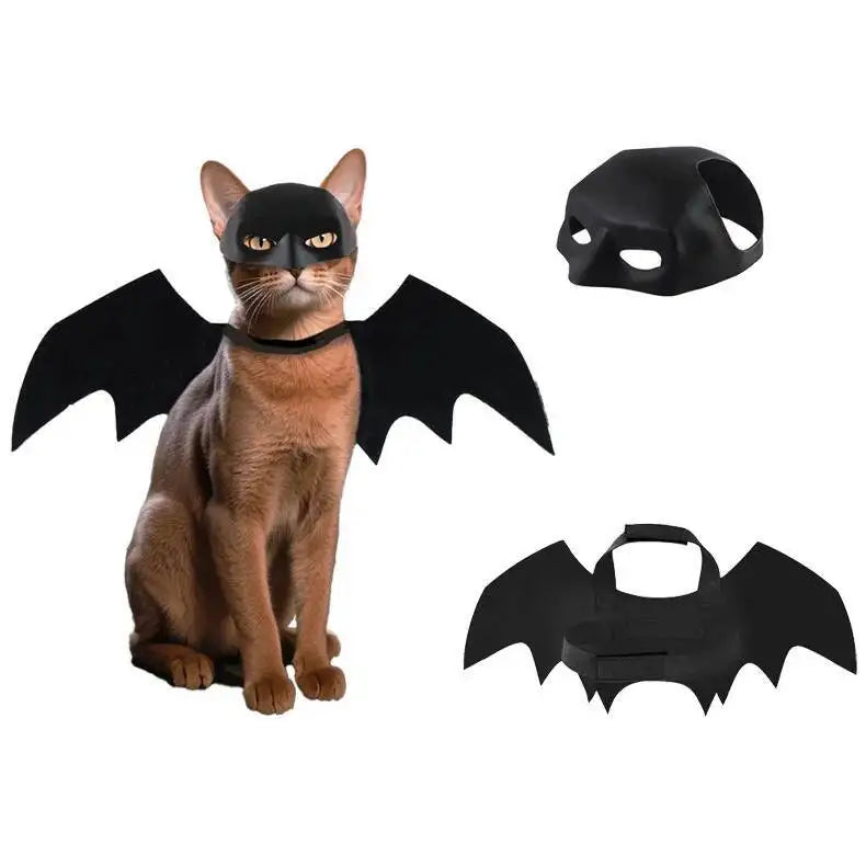 A brown cat wearing a black bat mask and wings, with a separate black bat mask shown nearby.