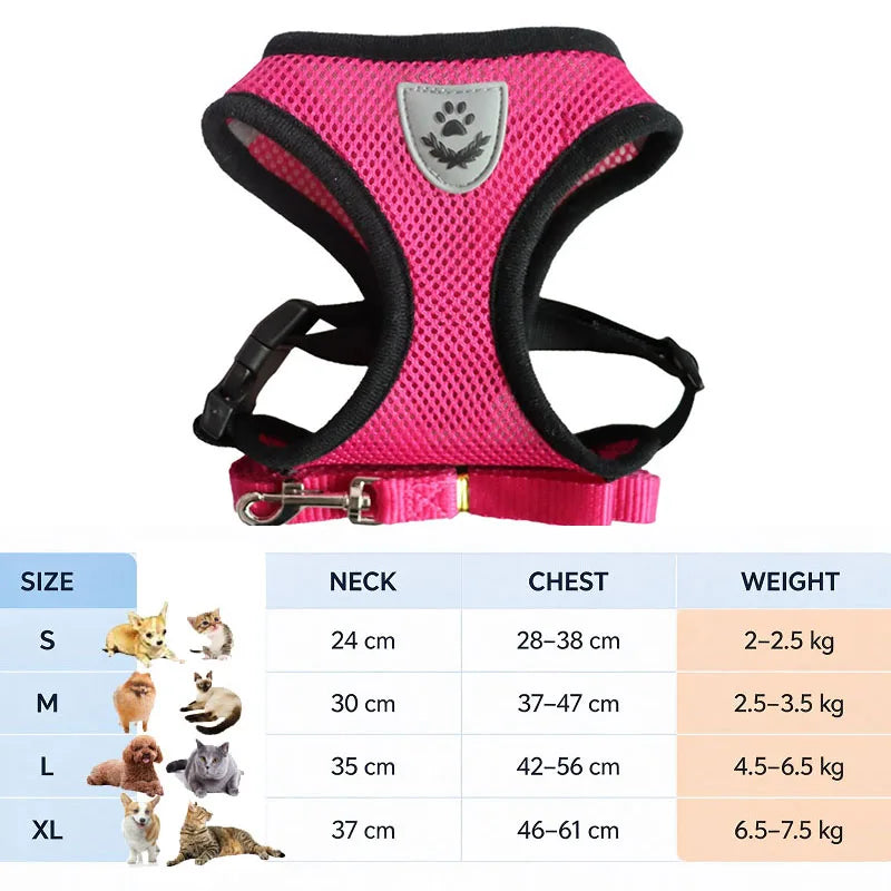 Pink reflective harness for cats and small dogs with adjustable straps and a metal buckle.