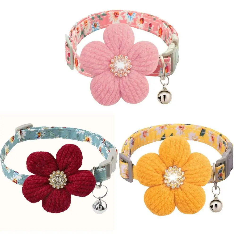 Pink and orange knitted floral dog collar with rhinestone bell