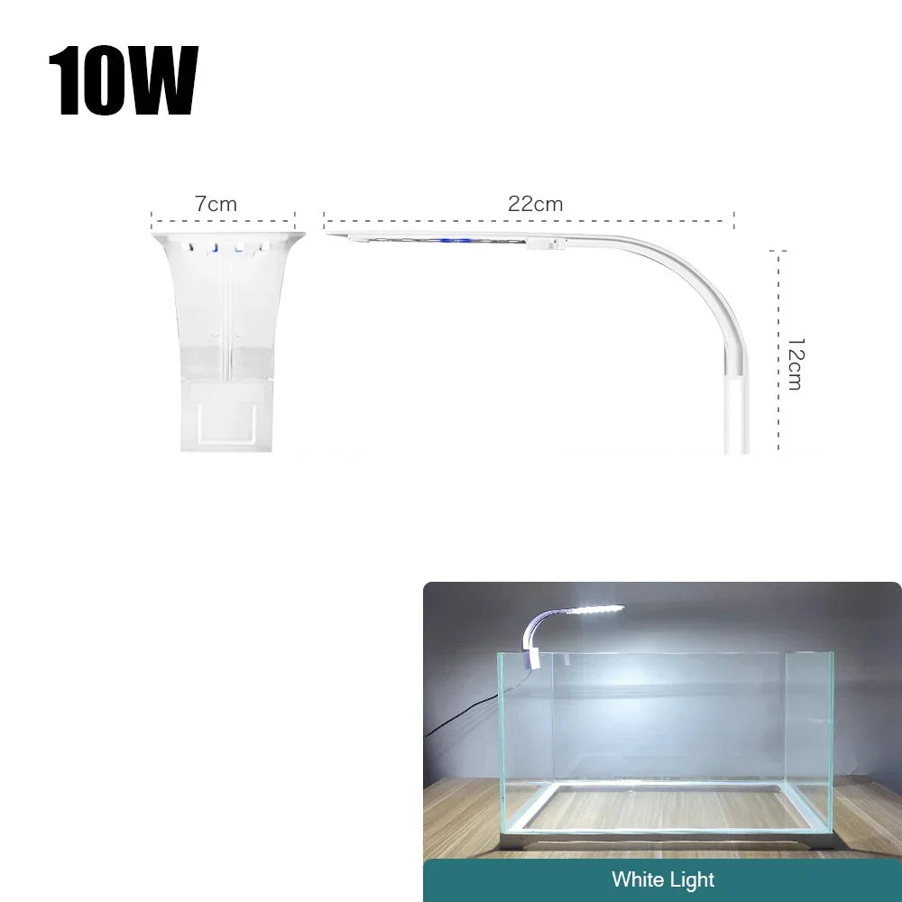 A slim clip-on LED aquarium light with a 10W output, shown next to its dimensions and in use illuminating an aquarium.