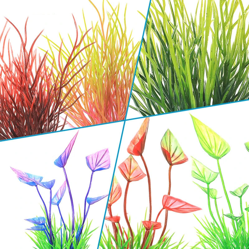 Watercolor illustration of various realistic aquarium plants including tall grasses and small pink leaves.