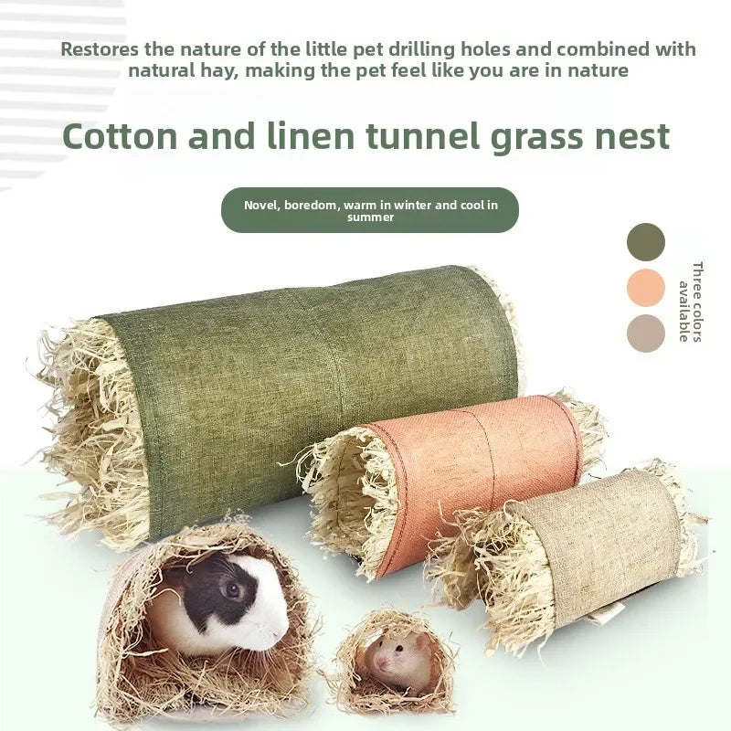 A roll of cotton and linen tunnel grass nest for small pets, showing the natural fibers and a small rodent inside.