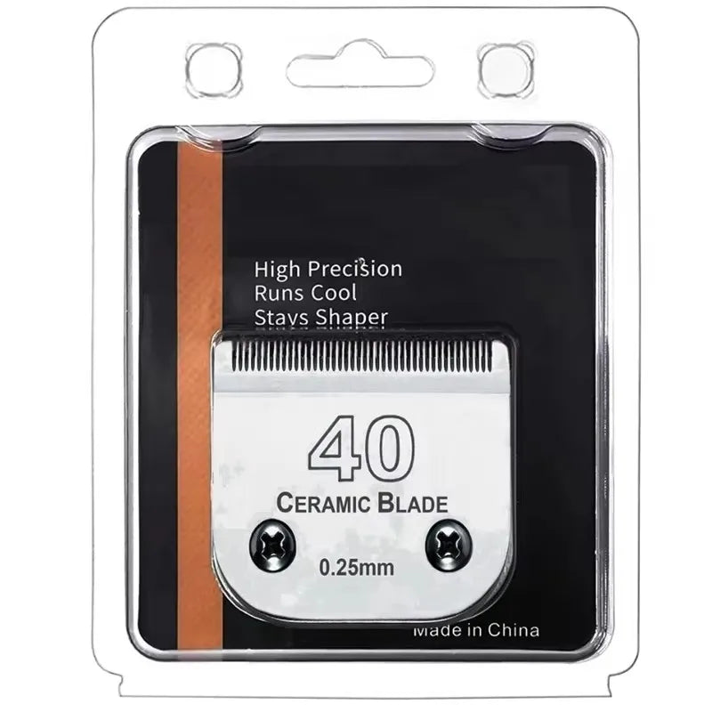 A black plastic case containing a 40 ceramic blade for a Stays Shaper pet clipper.