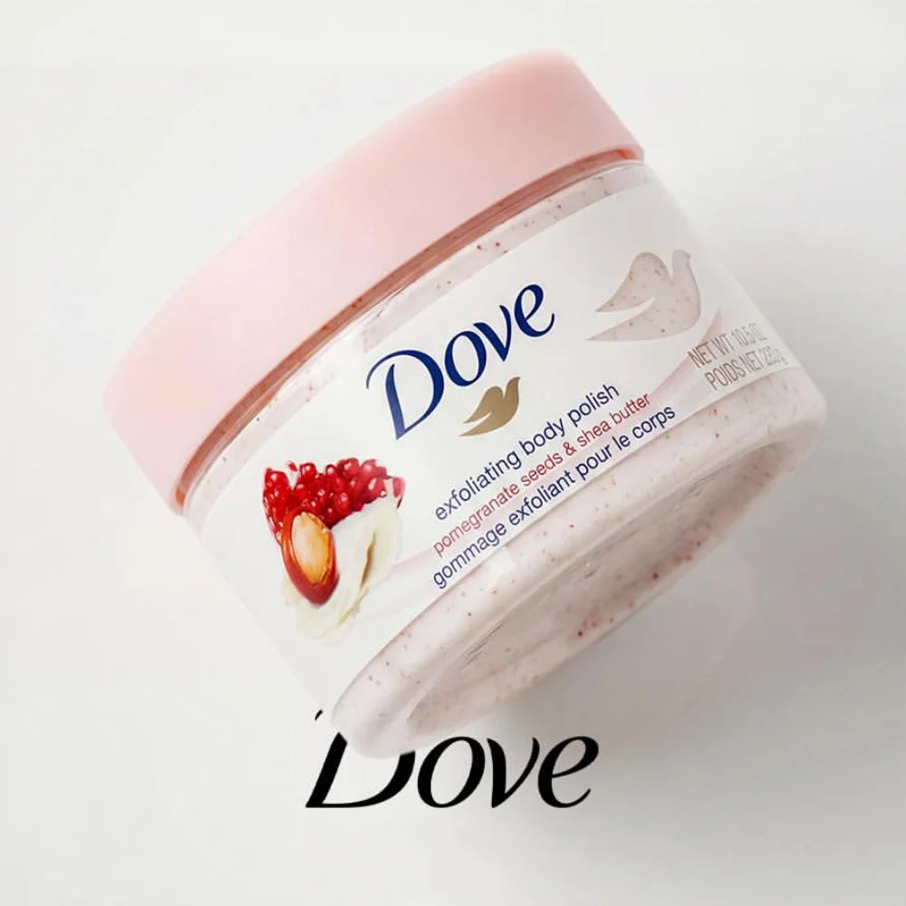 A tube of Dove exfoliating body polish in a pink container with a white lid and a small red fruit garnish.