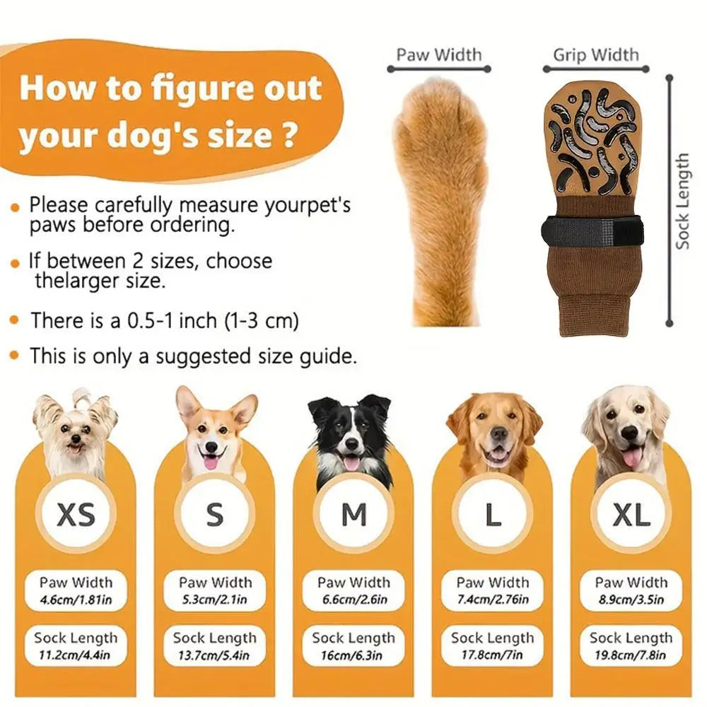 A guide showing measurements for dog paw protection socks sizes XS to XL, including paw width and sock length.