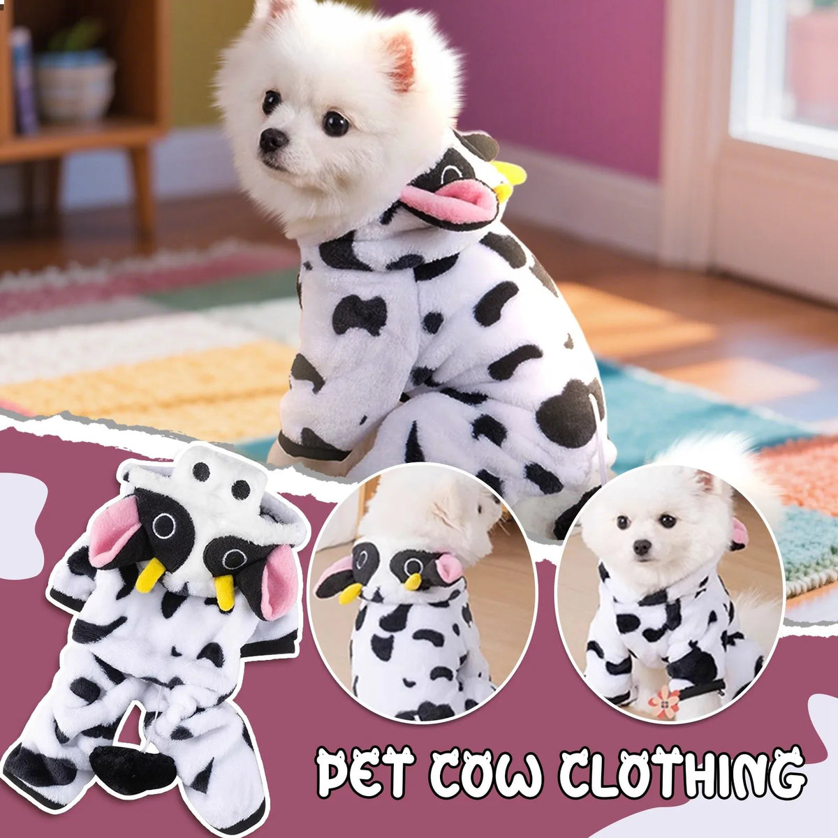 A fluffy white dog wearing a warm and cozy cow print costume with a hood.