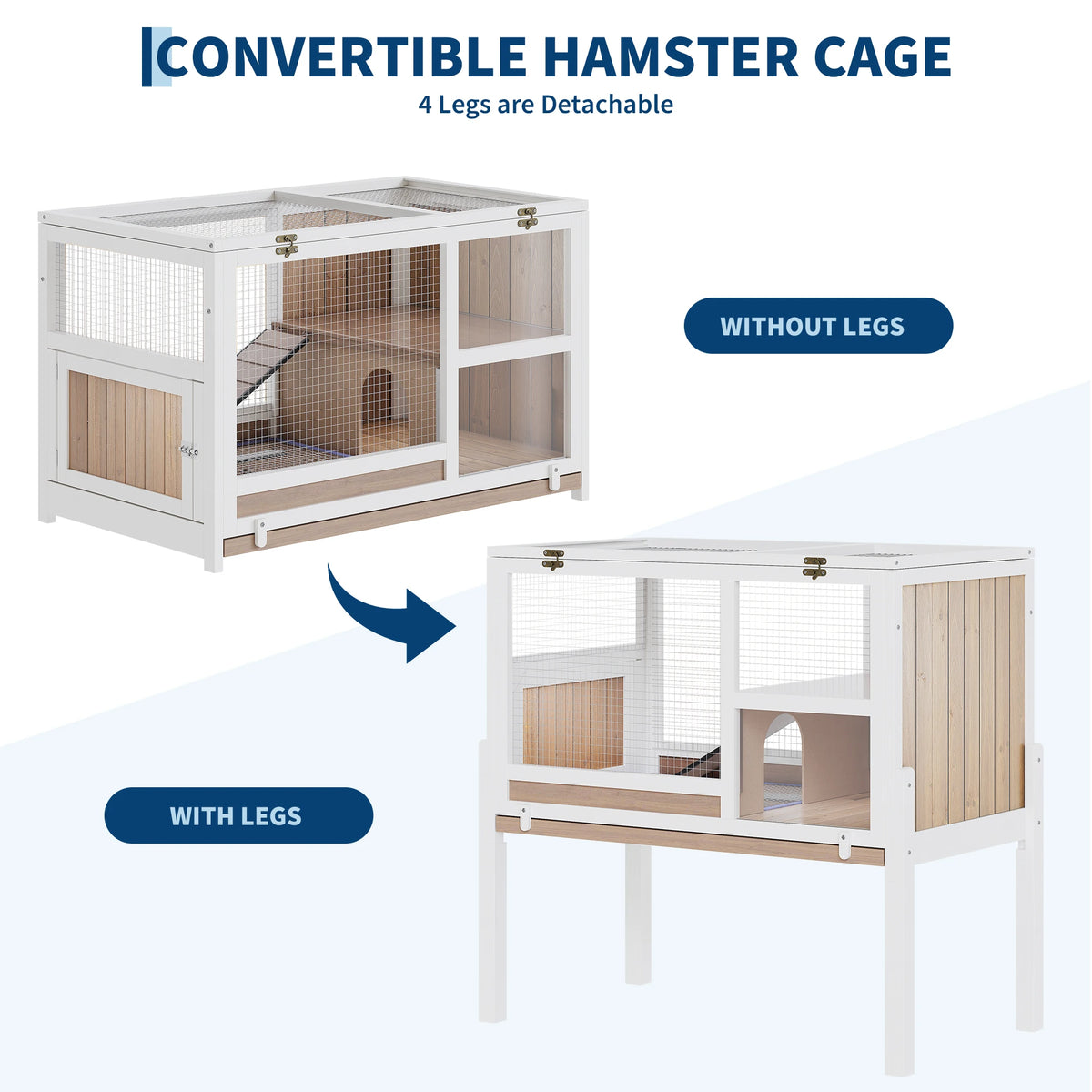 Wooden 2-Story Small Pet Cage with Stand, Ramp, and Hideout