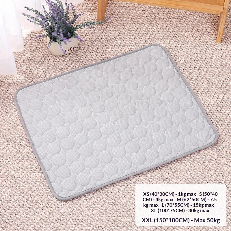 Gray quilted instant cooling pet mat for dogs and cats with size options XS to XXL