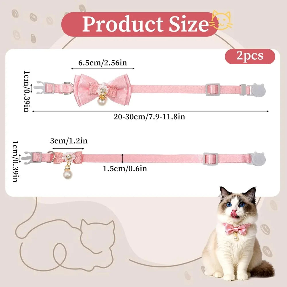 Pink bow cat collar with breakaway safety buckle shown next to a cat.