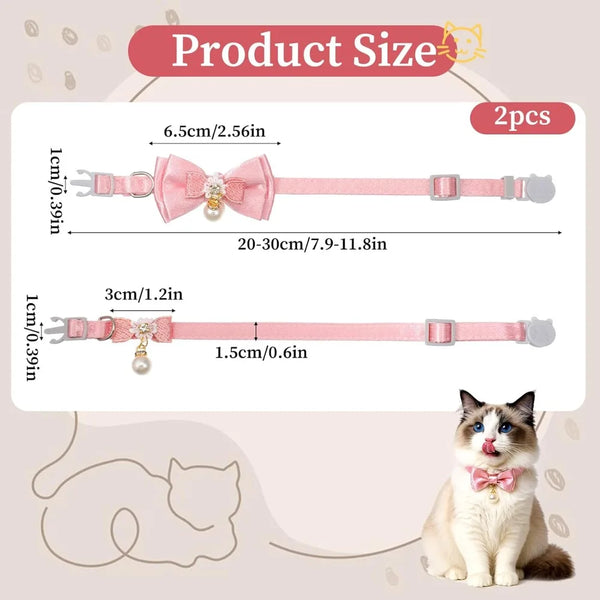 Pink bow cat collar with breakaway safety buckle shown next to a cat.