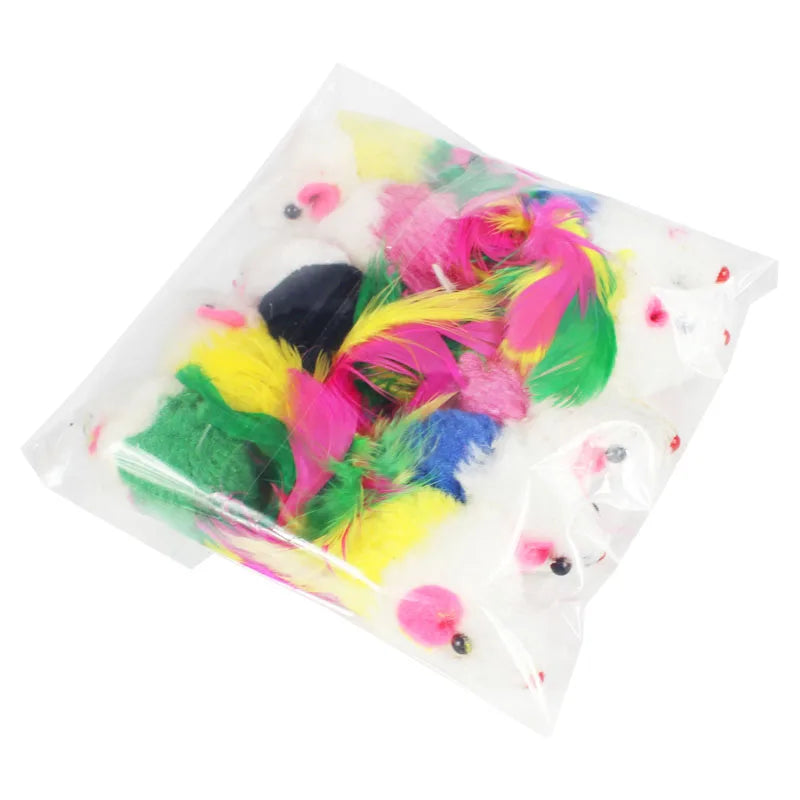 Pawstrip Rabbit Fur False Mouse Cat Toy with Feather Rainbow Ball