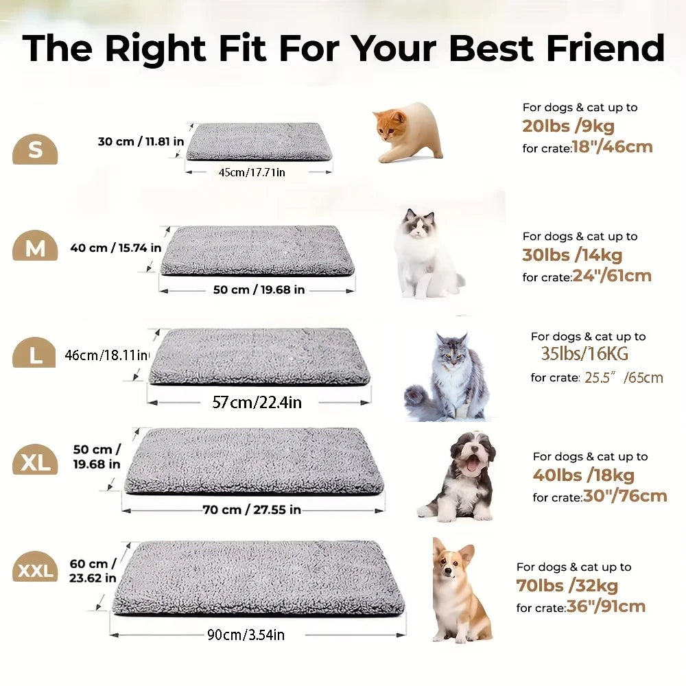 A series of pet bed mats in various sizes, from small to extra-large, shown next to dogs and cats.