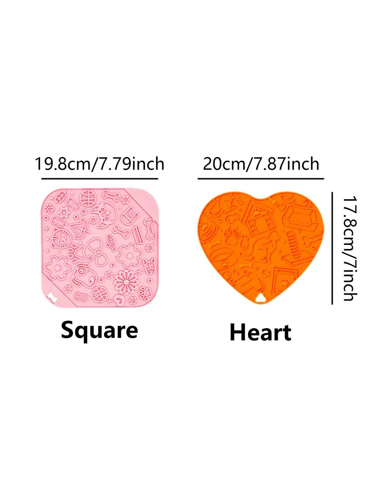 Pink square and orange heart shaped interactive dog lick mats with suction cups for calming slow feeding
